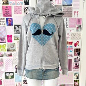grey heart mustache zip up hoodie